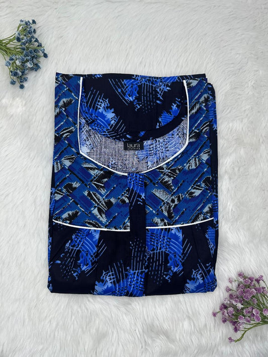 UA Blue and Black Printed Mix N Match Square Neck Pleated Cotton Nighty With Centre -8″ Zip Short Sleeve Free Size (Suits for bra size 34″- 40″ | 54-56 inch length )