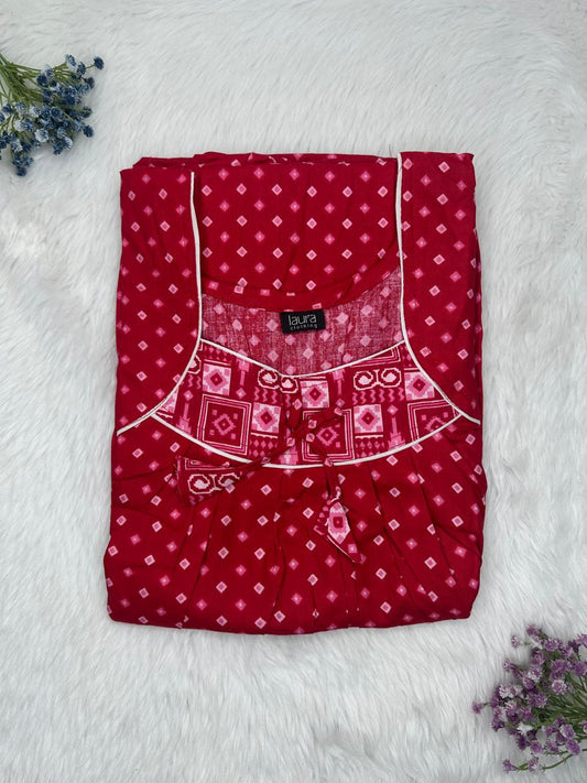 Falu Red Printed Square Neck No Zip Pleated Pure Cotton Nighty Free Size Short Sleeve (Suits for bra size 34″- 40″ | 54-56 inch length)