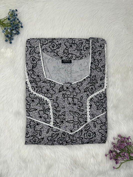 Trolley Grey Printed Square Neck Normal Zip Pure Cotton Nighty Free Size Short Sleeve (Suits for bra size 34″- 40″ | 54-56 inch length)