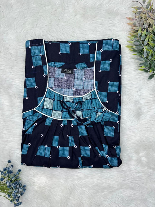 Steel Blue and Dark Blue Printed Square Neck No Zip Pleated Pure Cotton Nighty Free Size Short Sleeve (Suits for bra size 34″- 40″ | 54-56 inch length)