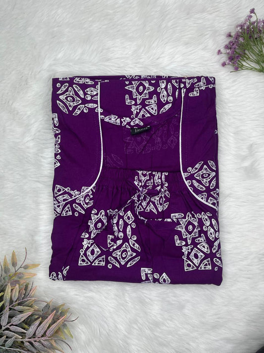 Persian Indigo Floral Printed Pure Cotton Square Neck Elastic Pleated Nighty Free Size Short Sleeve (Suits for bra size 34″- 40″ | 54-56 inch length)