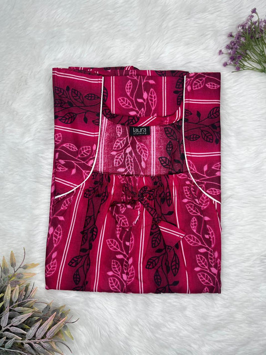 Vivid Burgundy Floral Printed Pure Cotton Square Neck Elastic Pleated Nighty Free Size Short Sleeve (Suits for bra size 34″- 40″ | 54-56 inch length)