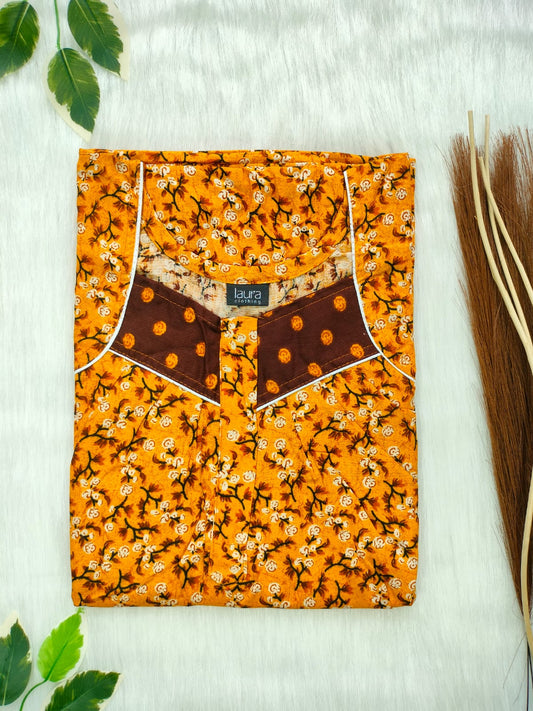 Orange Peel Floral Printed Round Neck Pleated Zip Pure Cotton Nighty Free Size Short Sleeve (Suits for bra size 34″- 40″ | 54-56 inch length)