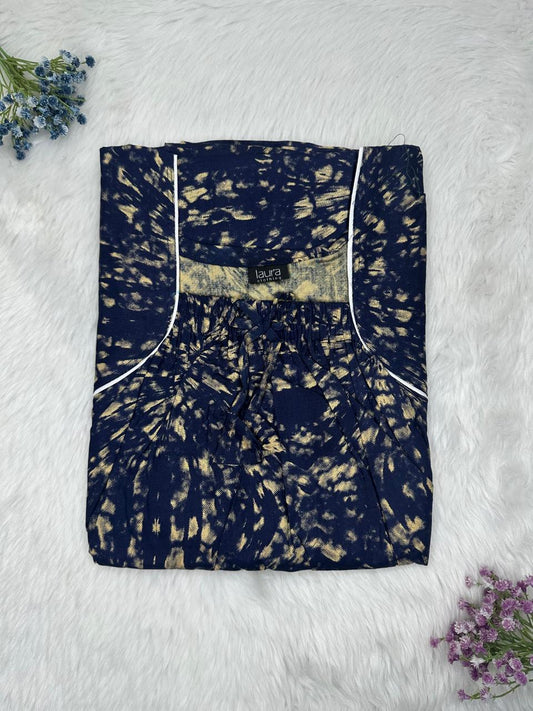 Oxford Blue Printed Cotton Square Neck Elastic Pleated Nighty Free Size Short Sleeve (Suits for bra size 34″- 40″ | 54-56 inch length)