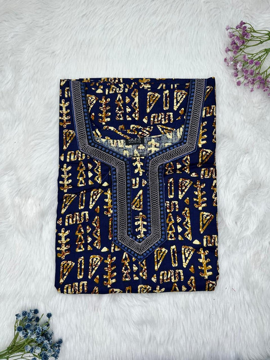 Oxford Blue Normal Zip Embroidery Neck Pure Cotton Nighty Plus Size Short Sleeve (Suits for bra size 40″- 46″ | 54-56 inch length)