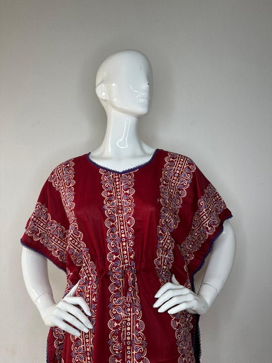 Burgundy and Pale Chestnut printed Pure Cotton V-Neck Kaftan With Matching Border Lace And Adjustable Tie Free Size (Suits for bra size 34″- 40″) | 54-56 Inch Length