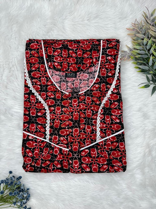 Dark Red Printed Round Neck Centre Long 12" Zip Pure Cotton Feeding Nighty Free Size Short Sleeve (Suits for bra size 34″- 40″ | 54-56 inch length)