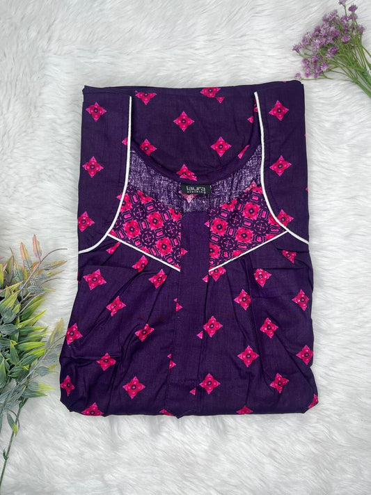 Indigo Printed Square Neck Pleated Zip Pure Cotton Nighty Free Size Short Sleeve (Suits for bra size 34″- 40″ | 54-56 inch length)