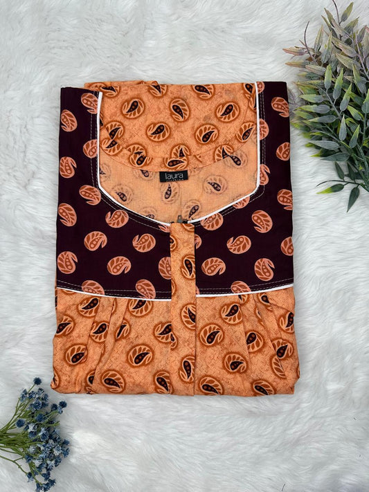 Atomic Tangerine Printed Mix N Match Square Neck Pleated Cotton Nighty With Centre -8″ Zip Short Sleeve Free Size (Suits for bra size 34″- 40″ | 54-56 inch length )