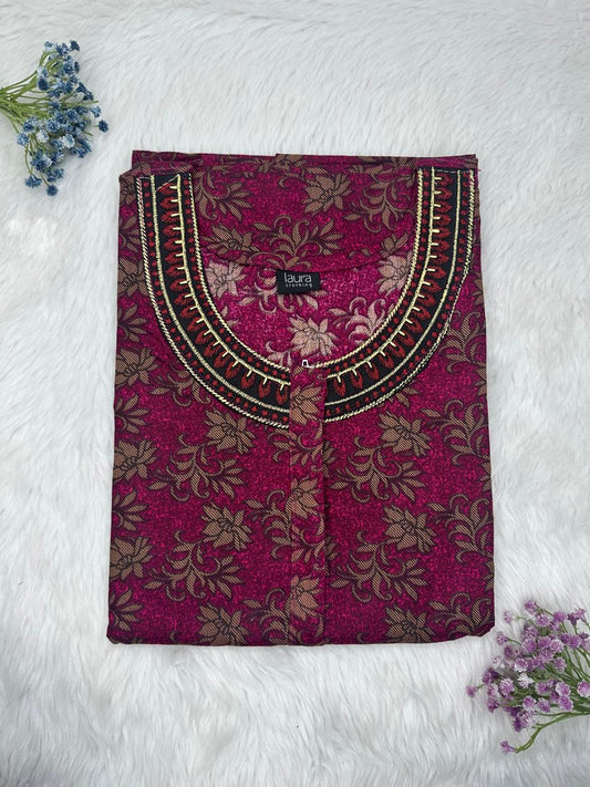 Tyrian Purple Printed 12" Long Zip Matching Embroidery Neck Pure Cotton Feeding Nighty Plus Size Short Sleeve (Suits for bra size 40″- 46″ | 54"-56" inch length)