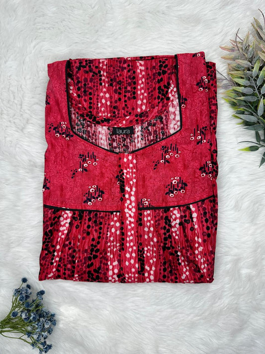 Bright Maroon Printed Mix N Match Square Neck Pleated Cotton Nighty With Centre -8″ Zip Short Sleeve Free Size (Suits for bra size 34″- 40″ | 54-56 inch length )