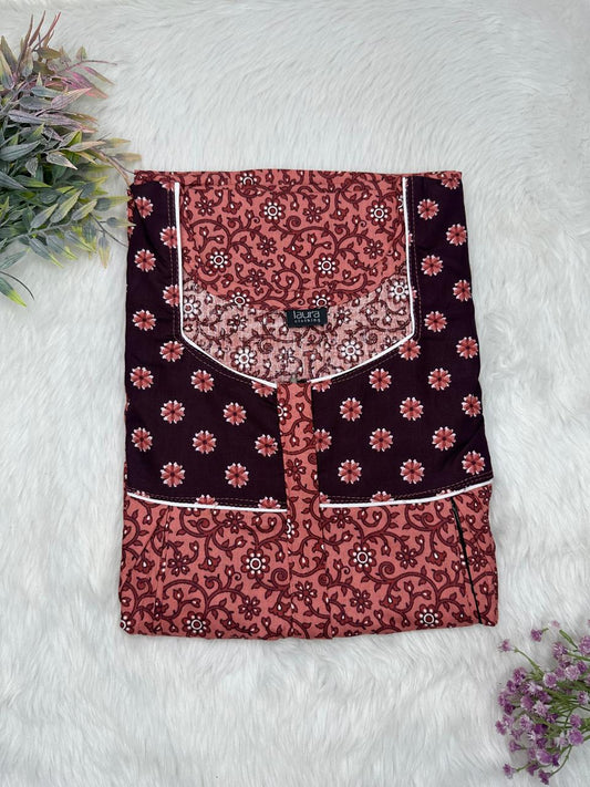 Fuzzy Wuzzy and Zinnwaldite Brown Printed Square Neck Pleated Pure Cotton Feeding Nighty With Two Side Vertical Zip and Single Centre Zip Free Size Short Sleeve (Suits for bra size 34″- 40″ | 54-56 inch length)