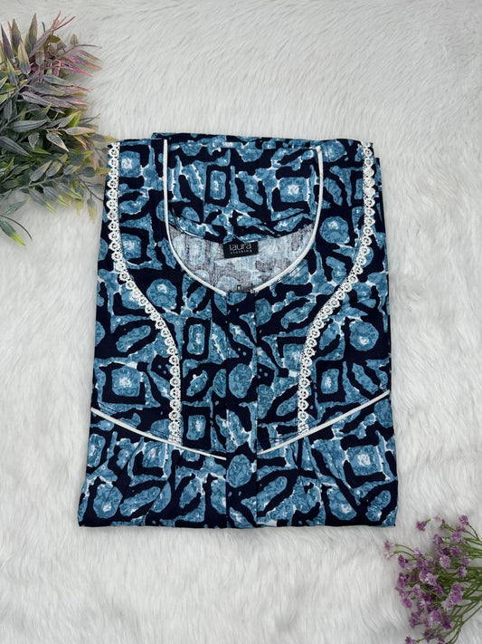 CG Blue Printed Round Neck Centre Long 12" Zip Pure Cotton Feeding Nighty Free Size Short Sleeve (Suits for bra size 34″- 40″ | 54-56 inch length)