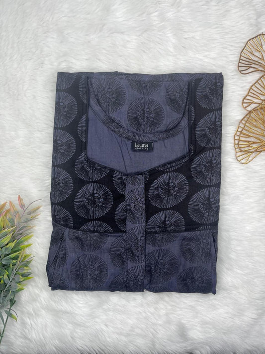 Purple Taupe and Onyx Printed Square Neck Pleated Pure Cotton Feeding Nighty With Two Side Vertical Zip and Single Centre Zip Free Size Short Sleeve (Suits for bra size 34″- 40″ | 54-56 inch length)