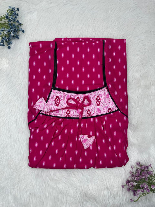Dark Raspberry Printed Front and Back Pleated Pure Cotton Nighty Free Size Short Sleeve (Suits for bra size 34″- 40″ | 54-56 inch length)