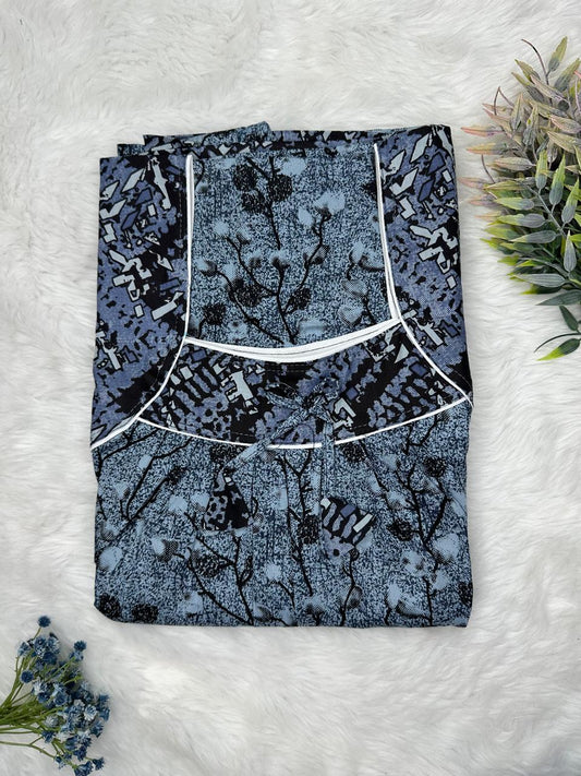 Cadet Grey Printed Front and Pleated Pure Cotton Nighty Free Size Short Sleeve (Suits for bra size 34″- 40″ | 54-56 inch length)