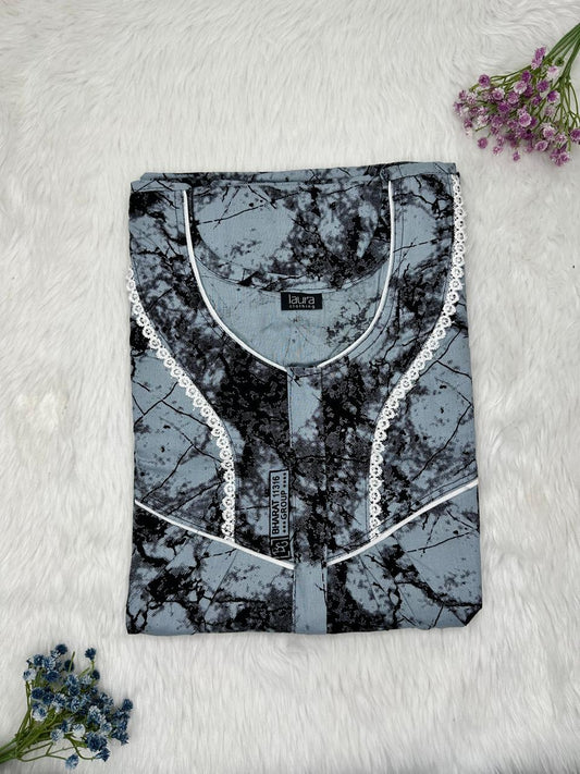 Light Slate Gray Printed Round Neck Centre Long 12" Zip Pure Cotton Feeding Nighty Free Size Short Sleeve (Suits for bra size 34″- 40″ | 54-56 inch length)