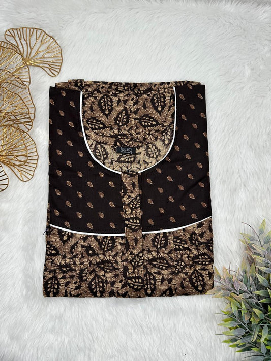 Pastel Brown Printed Mix N Match Round Neck Pleated Cotton Nighty With Centre -8″ Zip Short Sleeve Free Size (Suits for bra size 34″- 40″ | 54-56 inch length