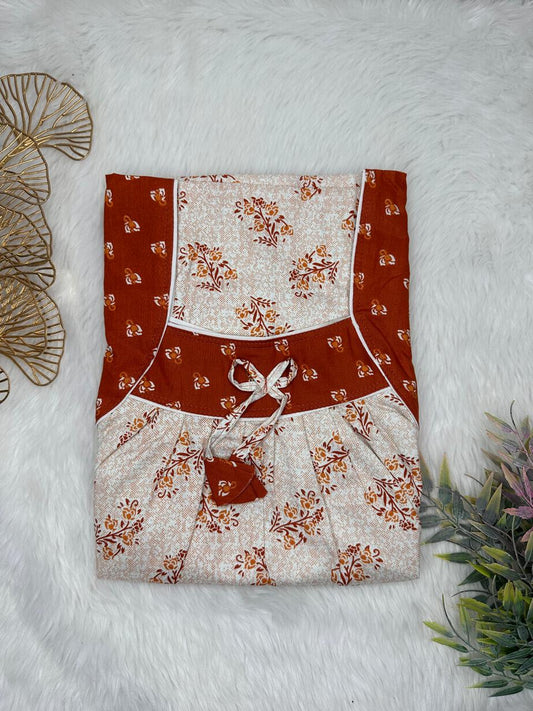 Silver Printed Front and Maroon Pleated Pure Cotton Nighty Free Size Short Sleeve (Suits for bra size 34″- 40″ | 54-56 inch length)