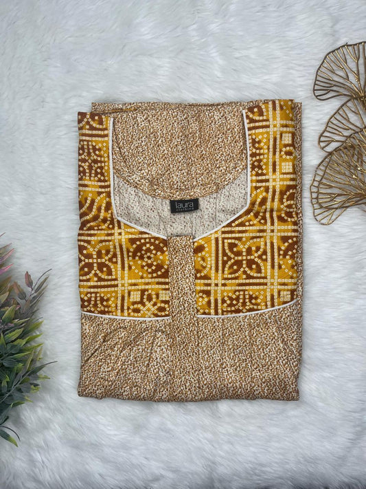 Khaki and Harvest Gold Printed Mix N Match Square Neck Pleated Cotton Nighty With Centre -8″ Zip Short Sleeve Free Size (Suits for bra size 34″- 40″ | 54-56 inch length)