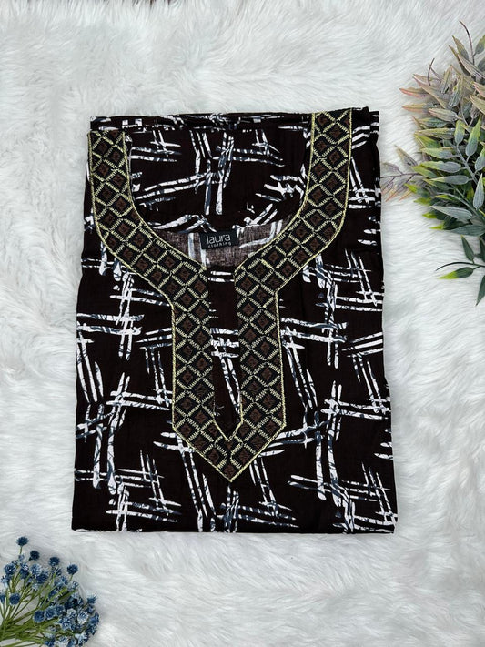Smoky Black Printed Normal Zip Pure Cotton Matching Neck Embroidery Nighty Free Size Short Sleeve (Suits for bra size 34″- 40″ | 54-56 inch length)