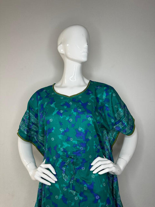 Skobeloff and Cobalt printed Pure Cotton V-Neck Kaftan With Matching Border Lace And Adjustable Tie Free Size (Suits for bra size 34″- 40″) | 54-56 Inch Length