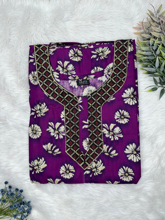 Palatinate Purple Printed Normal Zip Embroidery Neck Pure Cotton Maternity Nighty Plus Size Short Sleeve (Suits for bra size 40″- 46″ | 54-56 inch length)