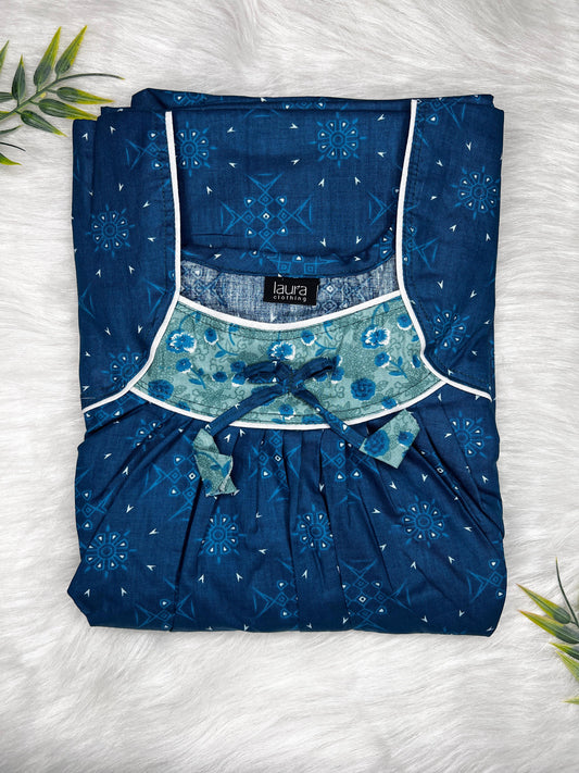 Prussian Blue Floral Printed Square Neck No Zip Pleated Pure Cotton Nighty Free Size Short Sleeve (Suits for bra size 34″- 40″ | 54-56 inch length)