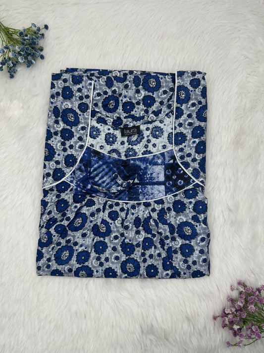 Payne Grey Printed Square Neck No Zip Pleated Pure Cotton Nighty Free Size Short Sleeve (Suits for bra size 34″- 40″ | 54-56 inch length)
