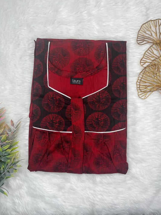 Rosewood and Onyx Printed Mix N Match Square Neck Pleated Cotton Nighty With Centre -8″ Zip Short Sleeve Free Size (Suits for bra size 34″- 40″ | 54-56 inch length)