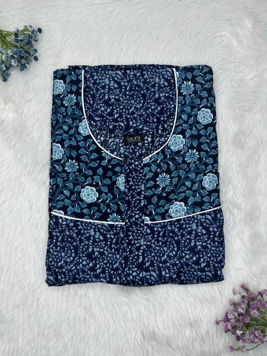 Oxford Blue Printed Round Neck Pleated Pure Cotton Feeding Nighty With Two Side Vertical Zip and Single Centre Zip Free Size Short Sleeve (Suits for bra size 34″- 40″ | 54-56 inch length)