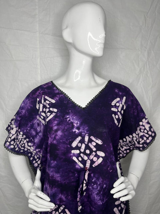 Violet Printed Pure Cotton V-Neck Kaftan With Matching Border Lace And Adjustable Tie Free Size (Suits for bra size 34″- 40″) | 54-56 Inch Length