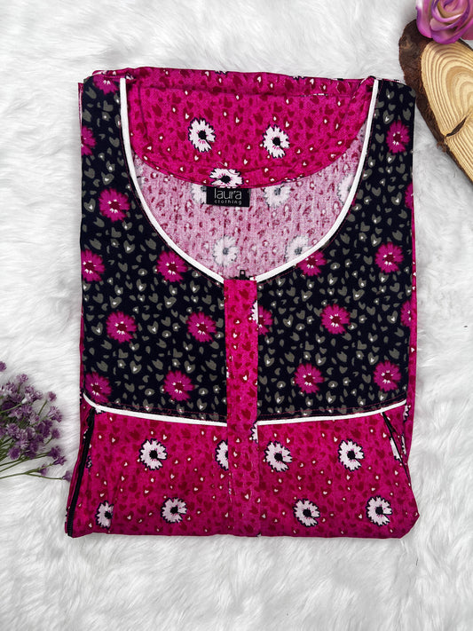 Black and Dark Pink Printed Round Neck Pleated Pure Cotton Feeding Nighty With Two Side Vertical Zip and Single Centre Zip Free Size Short Sleeve (Suits for bra size 34″- 40″ | 54-56 inch length)