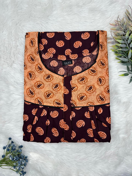 Persian Orange Printed Mix N Match Round Neck Pleated Cotton Nighty With Centre -8″ Zip Short Sleeve Free Size (Suits for bra size 34″- 40″ | 54-56 inch length )