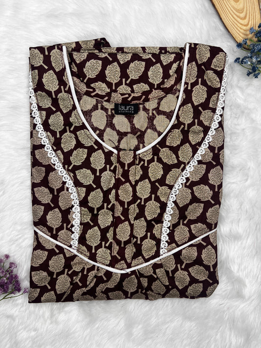 Zinnwaldite Brown Leaf Printed Round Neck Normal Zip Pure Cotton Nighty Free Size Short Sleeve (Suits for bra size 34″- 40″ | 54-56 inch length)