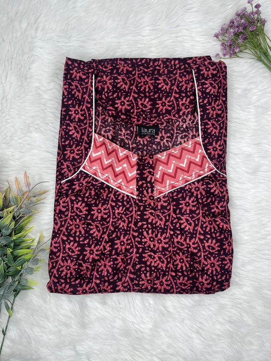 Pale Red Violet Printed Square Neck Pleated Zip Pure Cotton Nighty Free Size Short Sleeve (Suits for bra size 34″- 40″ | 54-56 inch length)