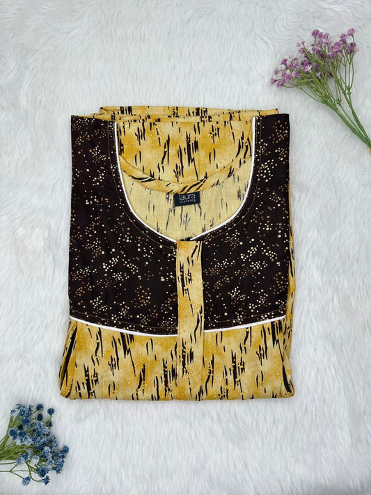 Vegas Gold and Zinnwaldite Brown Printed Round Neck Pleated Pure Cotton Feeding Nighty With Two Side Vertical Zip and Single Centre Zip Free Size Short Sleeve (Suits for bra size 34″- 40″ | 54-56 inch length)