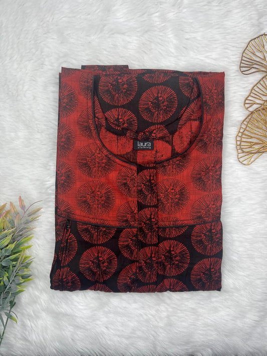 Red Brown and Onyx Printed Round Neck Pleated Pure Cotton Feeding Nighty With Two Side Vertical Zip and Single Centre Zip Free Size Short Sleeve (Suits for bra size 34″- 40″ | 54-56 inch length)