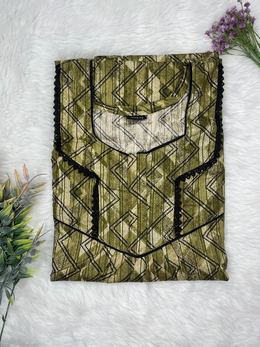 Dark Tan Printed Square Neck Normal Zip Pure Cotton Nighty Free Size Short Sleeve (Suits for bra size 34″- 40″ | 54-56 inch length)