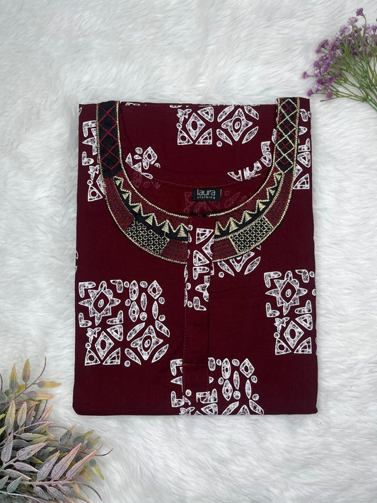 Dark Sienna Printed Normal Zip Embroidery Neck Pure Cotton Maternity Nighty Plus Size Short Sleeve (Suits for bra size 40″- 46″ | 54-56 inch length)