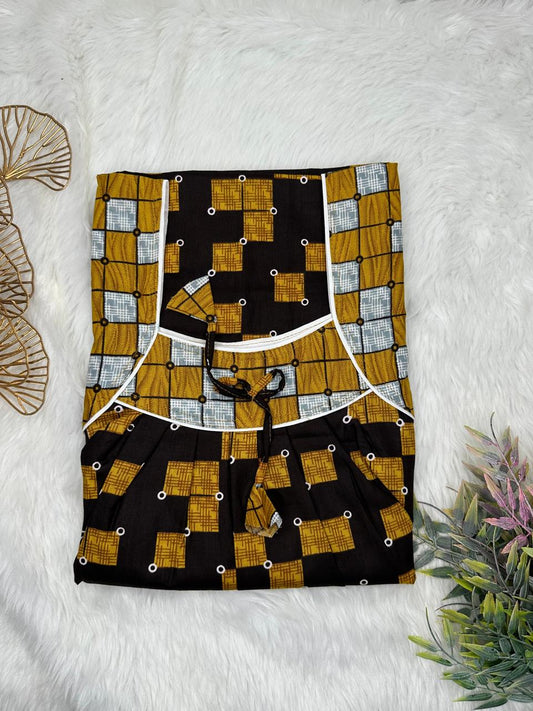 Onyx Printed Front and Russet Pleated Pure Cotton Nighty Free Size Short Sleeve (Suits for bra size 34″- 40″ | 54-56 inch length)