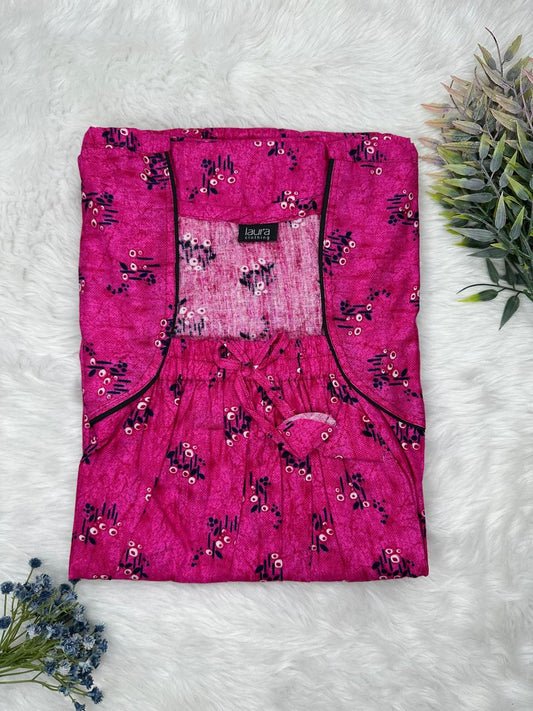 Rich Maroon Printed Pure Cotton Square Neck Elastic Pleated Nighty Free Size Short Sleeve (Suits for bra size 34″- 40″ | 54-56 inch length)