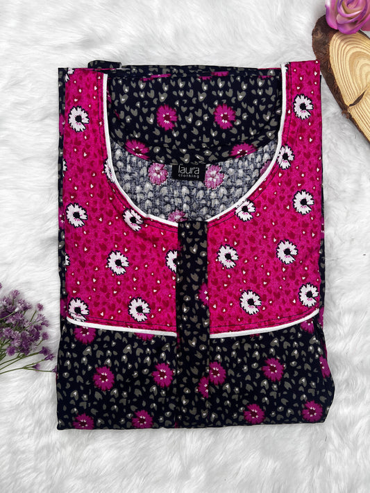 Dark Pink and Black Printed Round Neck Pleated Pure Cotton Feeding Nighty With Two Side Vertical Zip and Single Centre Zip Free Size Short Sleeve (Suits for bra size 34″- 40″ | 54-56 inch length)