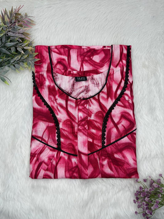 UA Red Printed Round Neck Centre Long 12" Zip Pure Cotton Feeding Nighty Free Size Short Sleeve (Suits for bra size 34″- 40″ | 54-56 inch length)