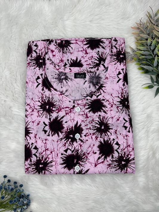Thistle Printed Round Neck Pure Cotton Full Open Button Labour Room Nighty Free Size Short Sleeve (Suits for bra size 34″- 40″ | 54-56 inch length)