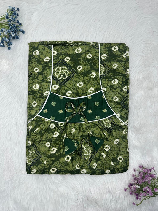 Dark Olive Green Printed Front and Back Pleated Pure Cotton Nighty Free Size Short Sleeve (Suits for bra size 34″- 40″ | 54-56 inch length)
