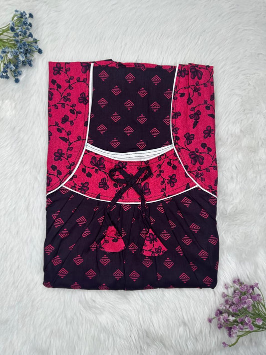 Onyx and Debian Red Printed Front and Back Pleated Pure Cotton Nighty Free Size Short Sleeve (Suits for bra size 34″- 40″ | 54-56 inch length)