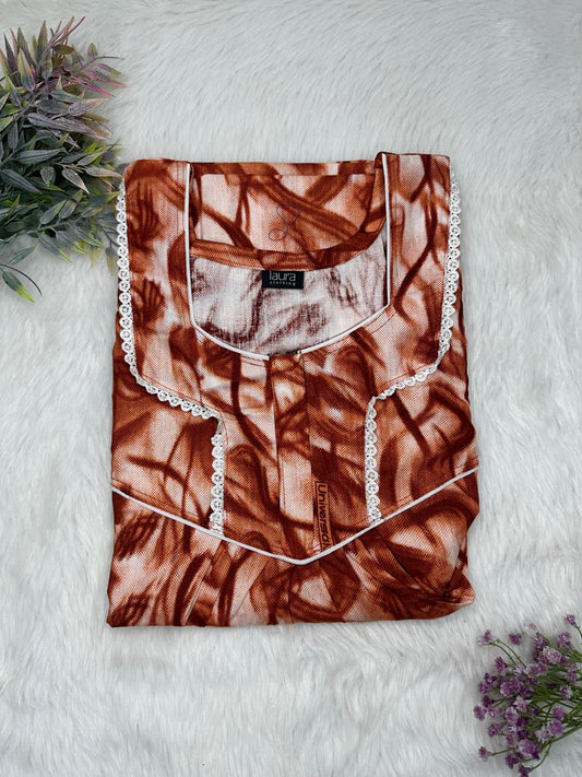 Pale Chestnut Printed Square Neck Normal Zip Pure Cotton Nighty Free Size Short Sleeve (Suits for bra size 34″- 40″ | 54-56 inch length)