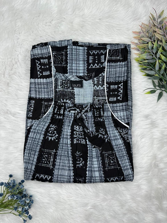 Payne Grey and Onyx Printed Pure Cotton Square Neck Elastic Pleated Nighty Free Size Short Sleeve (Suits for bra size 34″- 40″ | 54-56 inch length)