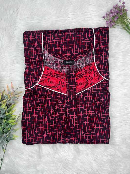 Radical Red Printed Square Neck Pleated Zip Pure Cotton Nighty Free Size Short Sleeve (Suits for bra size 34″- 40″ | 54-56 inch length)